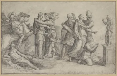 Krijgslieden met hun vrouwen bij godenbeeld