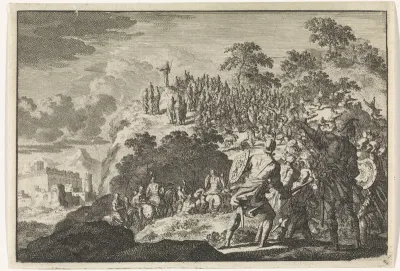 Krijgslieden van stadhouder Felix vallen een volksmenigte op de Olijfberg aan