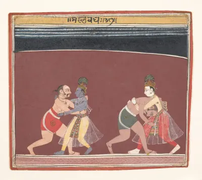 Krishna and Balarama Fight the Evil King Kamsa’s Wrestlers: Page from a Dispersed Bhagavata Purana