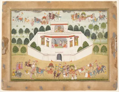 Krishna and Balarama within a Walled Palace:  Page from a Dispersed Bhagavata Purana (Ancient Stories of Lord Vishnu)