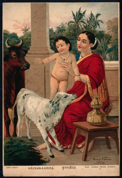 Krishna as an infant on Yasoda's lap playing with a cow and a calf