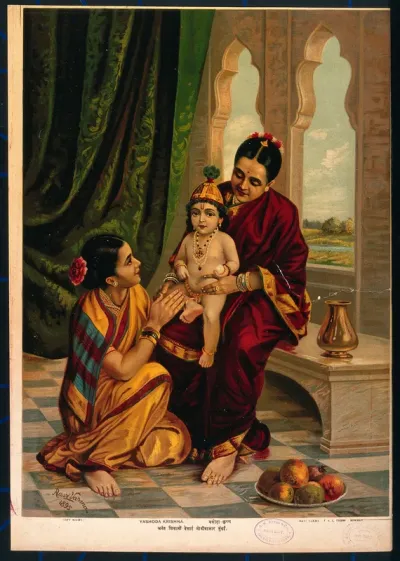 Krishna as an infant sitting on Yasoda's lap with a female attendant