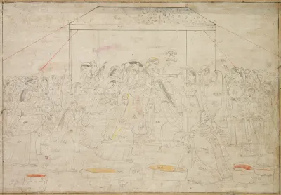 Krishna being dressed in women’s clothes for the spring festival Holi