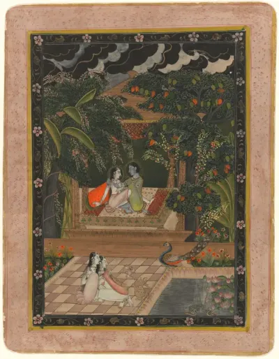 Krishna en Radha op terras