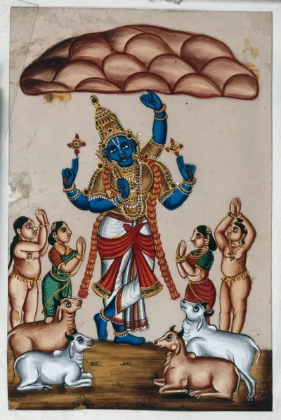 Krishna lifting Mount Govardhan to protect the village