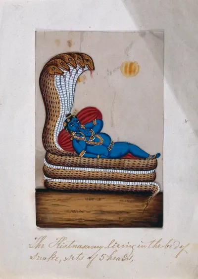 Krishna lying on the coils of a five headed snake, supported by some cushions