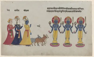 Krishna met Baladeva tegenover drie goden gopi's