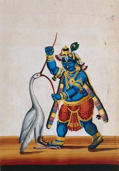 Krishna piercing open the beak of a large white bird
