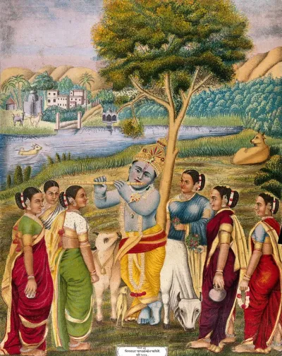Krishna playing the flute to cowgirls