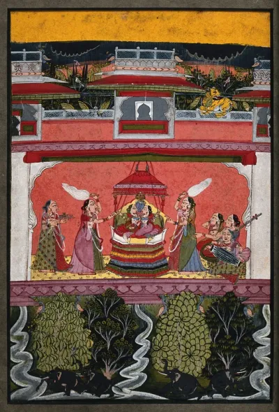 Krishna (?) sitting on a swing with two women, as two maidservants fan them while others get refreshments and play music to entertain them