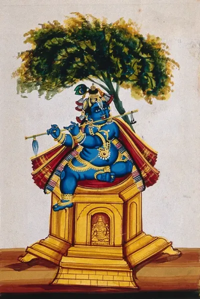 Krishna sitting on top of a temple, playing the flute