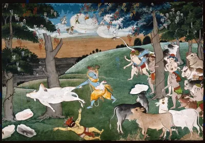 Krishna slaying a demon with the aid of a cow, is watched by several cowherds with Indian deities in the distance