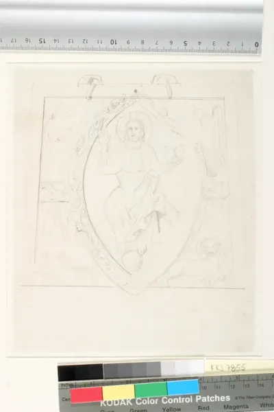 Kristus i mandorla omgivet af evangelisttegnene, efter en plaqeutte i Nationalmuseet