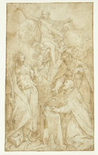 Kristus i skyerne, båret af engle, viser sig for en biskop ved en læsepult, en biskophelgen (Skt. Augustin?) og Catarina af Alexandria