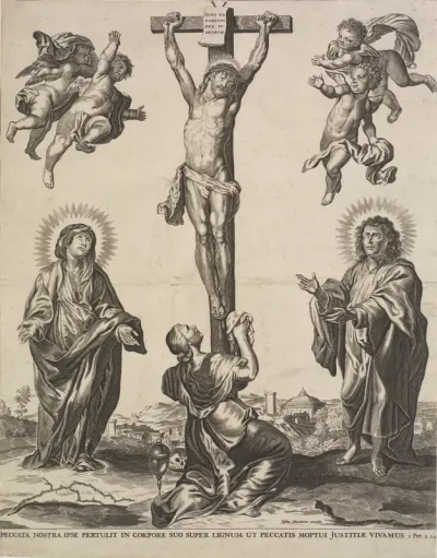 Kristus på korset, omgivet af Jomfru Maria, Maria Magdalene, Johannes Døberen og fire engle