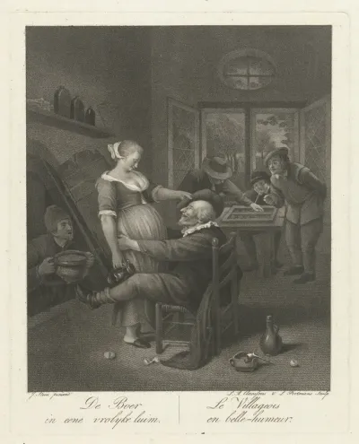 Kroegscène met een oude man en een jonge vrouw
