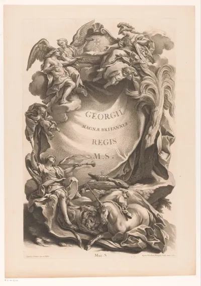 Kroon op een kussen, omringd door een engel, putti, een eenhoorn, Minerva en Hercules
