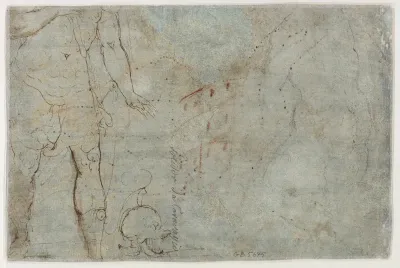 Kroppen af en romersk soldat, hvis hjelm ses liggende ved hans fødder, studie af siddende nøgen figur, set bagfra, samt summarisk facadeskitse (?)