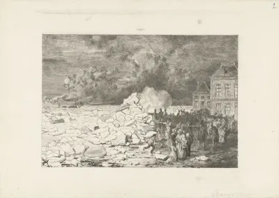 Kruijen van het ijs voor de Sabelspoort bij Arnhem