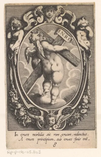 Kruis met opschrift, gedragen door een engel