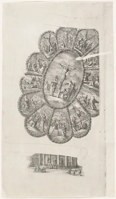 Kruisiging en martelaarschappen van de apostelen in bloemvormig ornament