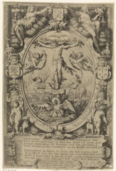 Kruisiging in allegorische omlijsting