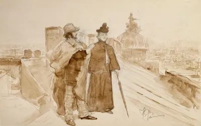 Ksenia and Nedrov Talking about Art on the Roof of the Academy of Arts in St. Petersburg, illustration for the Natalia Nordmann novel "Cross of Motherhood"
