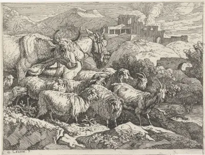 Kudde dieren nabij ruïnes