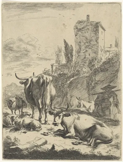 Kudde in het landschap met een toren