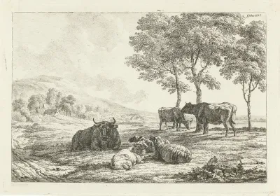 Kudde schapen en stieren onder de bomen