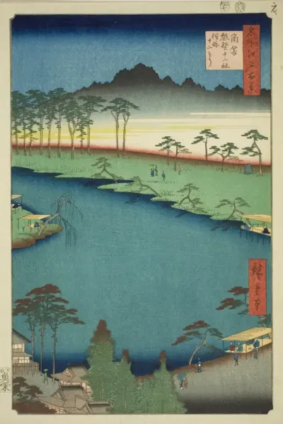 Kumano Junisha Shrine in Tsunohazu, Popularly Known as Juniso (Tsunohazu Kumano Junisha, zokusho Juniso), from the series "One Hundred Famous Views of Edo (Meisho Edo hyakkei)"