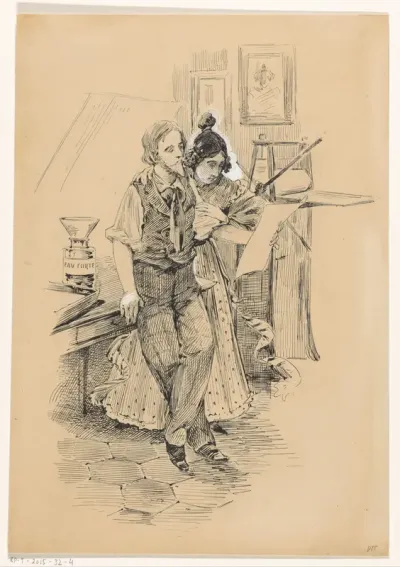 Kunstenaar met een vrouw in zijn atelier