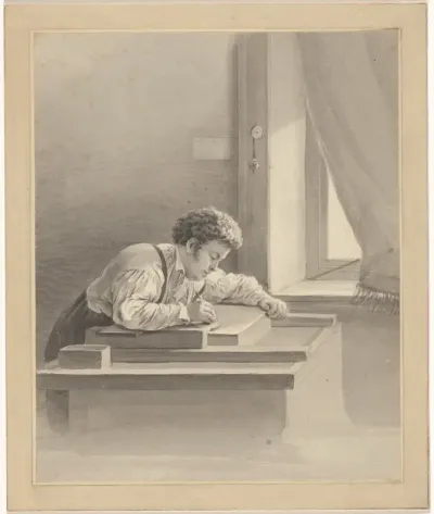 Kunstenaar tekenend op een lithosteen
