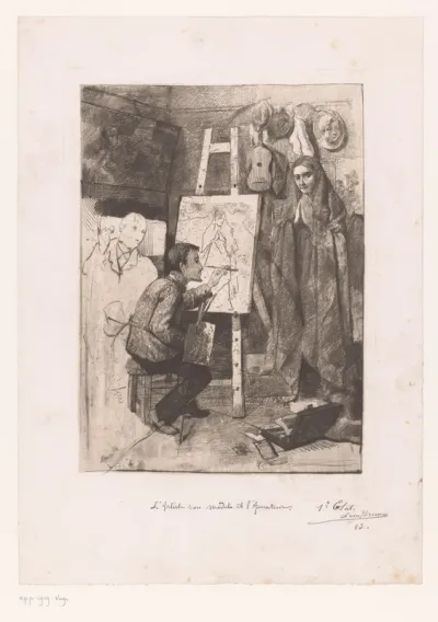 Kunstenaar, zijn model en een kunstminnaar in het atelier