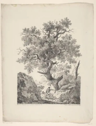 Kunstenaar zittend onder een eikenboom