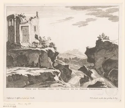 Kunstenaars aan het werk bij rivier bij ruïne