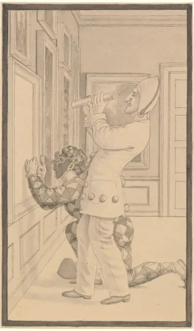 Kunstkritik. Harlekin og Pierrot i et med malerier behængt værelse ifærd med at bedømme et billede.