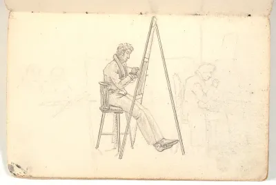 Kunstner ved staffeli, samt rids af figurer i baggrunden