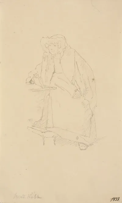 Kunstnerens moder Cecilie Margrethe Købke, siddende ved et bord holdende en bog i hånden