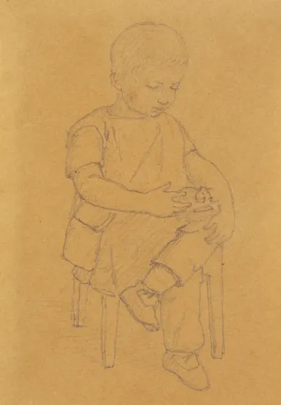 Kunstnerens søn Peter, hel figur, siddende med et dyr eller et stykke legetøj