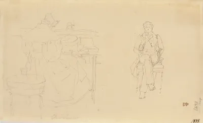 Kunstnerens søster Christiane, siddende ved sit ved sit sybord, med ryggen til. En siddende yngre mand, helfigur, en face
