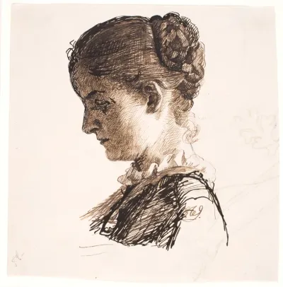 Kunstnerens søster Elisabeth. Profil t.v. Fletningefrisure