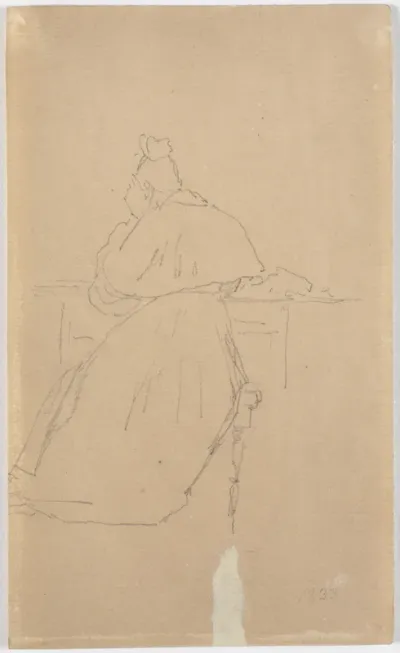 Kunstnerens søster siddende ved et bord, set bagfra