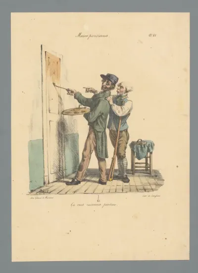 Kunstschilder met palet schildert op aanwijzing van oudere man een deur