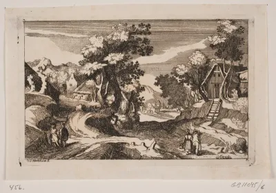 Kuperet landskab med bondehuse. Forrest en mælkepige og en bonde med høtyv