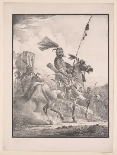 Kurd in military armor on horseback, from "Collection de dessins litographiques par Alexandre Orlowski"
