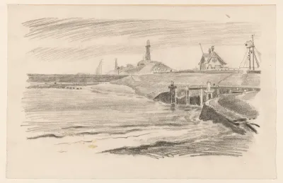 Kust bij Scheveningen met vuurtoren en seinmast