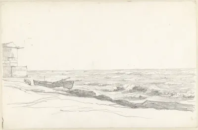 Kustgezicht met bolwerk en op het strand getrokken boot