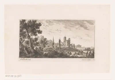Kustgezicht met boten bij toren