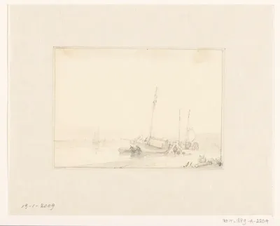 Kustgezicht met enkele boten op het strand